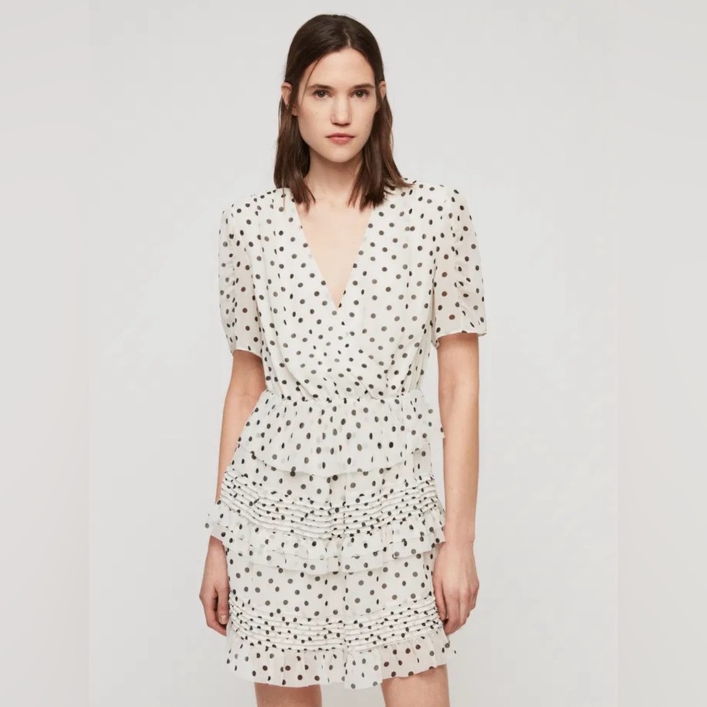 All Saints Ilia Polka Dot V-Neck Ruffle Dress Size 6